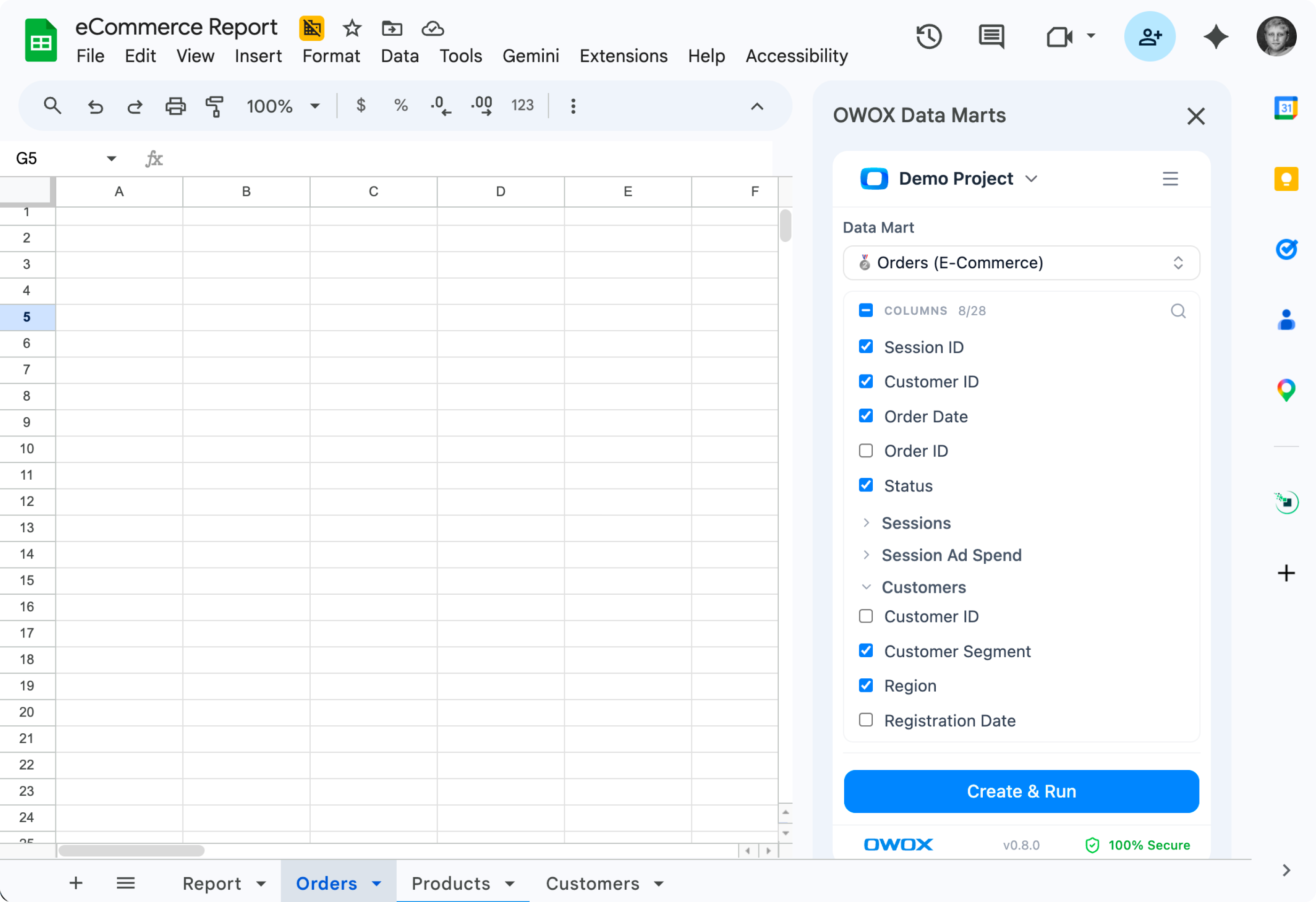 Pick a Data Mart, pick columns — including joined ones